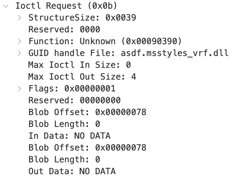 Screenshot from Wireshark showing an ioctl request with ID 0x90390