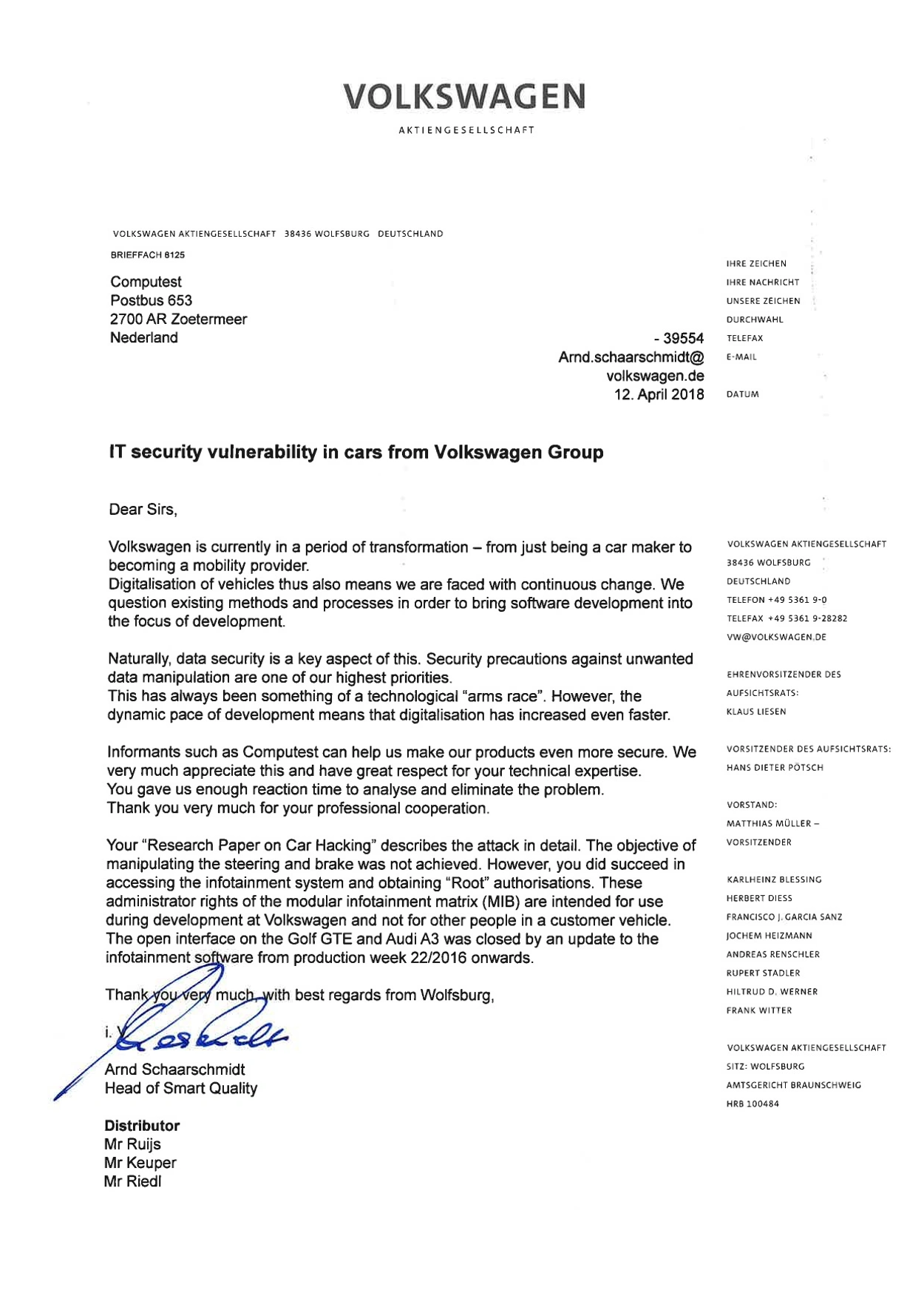 Volkswagen letter